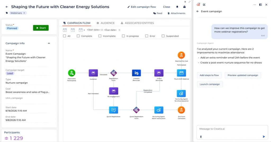 Creatio CRM campaign flow builder displaying a customizable webinar workflow with automated invitations, reminders, registration steps, and nurture sequences.