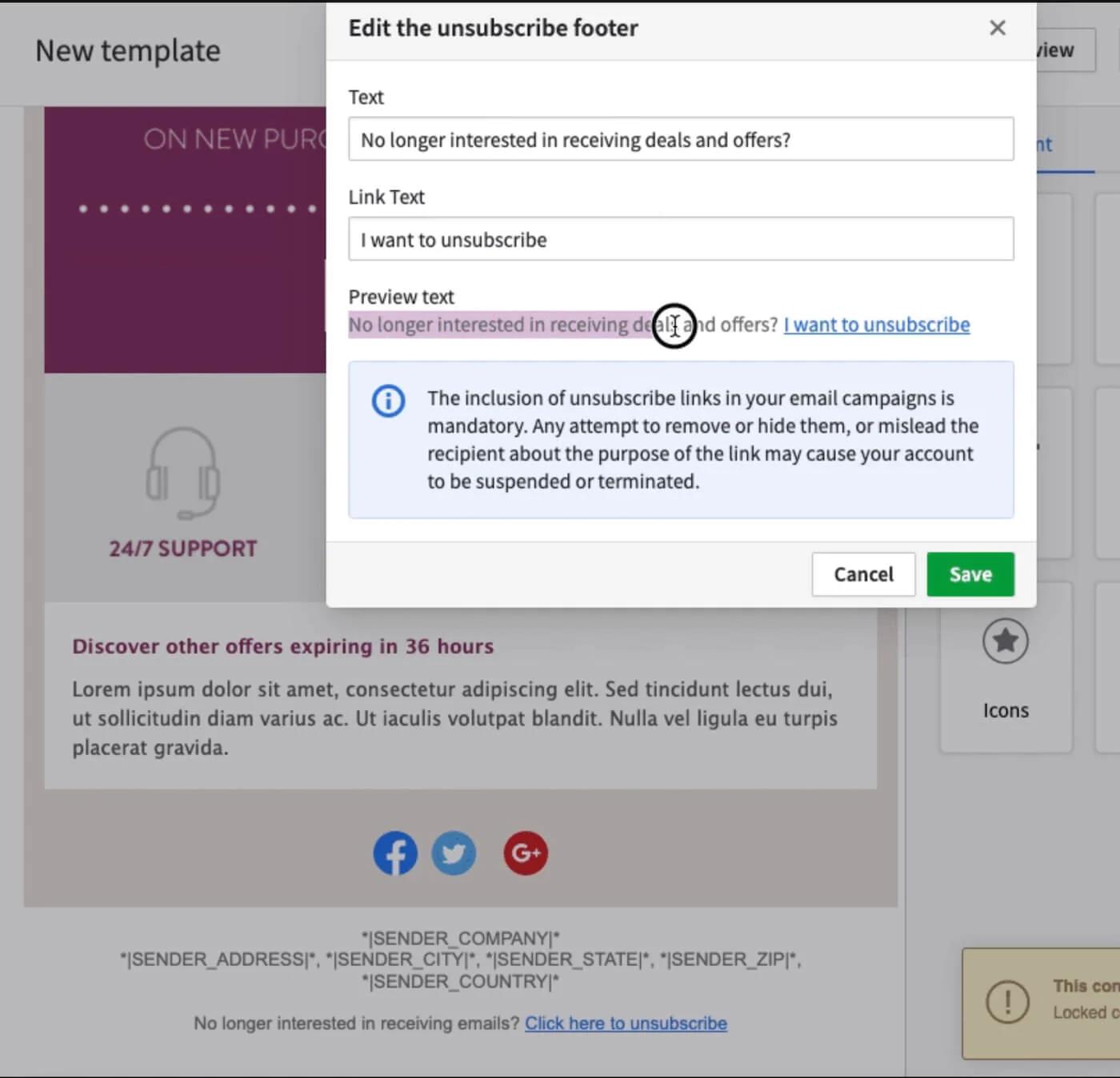 Pipedrive Campaigns email template editor showing unsubscribe footer settings and compliance notice for email marketing campaigns.