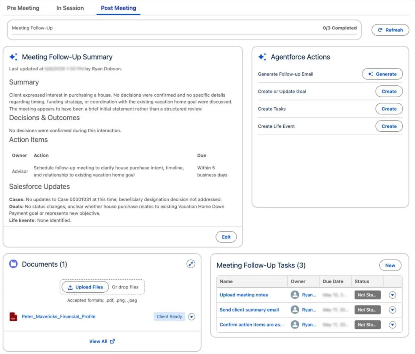 Salesforce Meeting Concierge’s Post Meeting tab showing a follow-up summary, action items, email and task creation options, and assigned follow-up tasks.