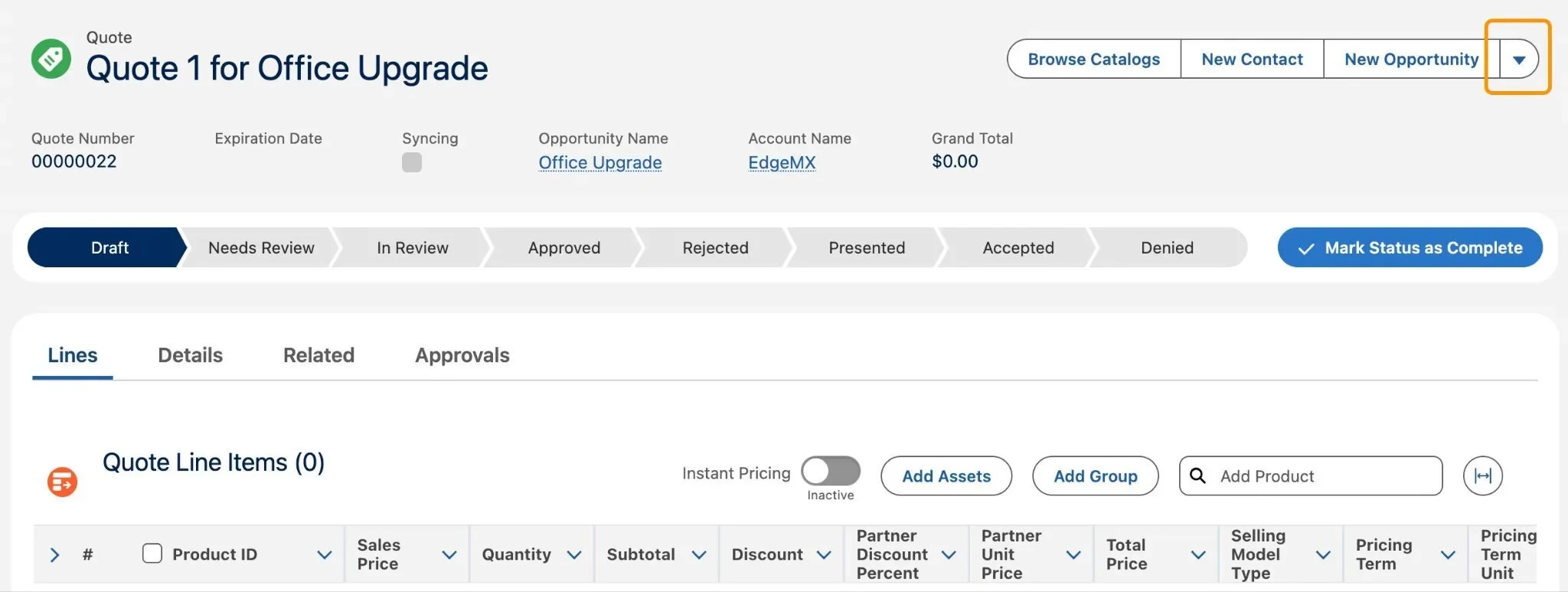 Salesforce quote record for an office upgrade, showing Draft status, approval stages, and an empty quote line-item table.